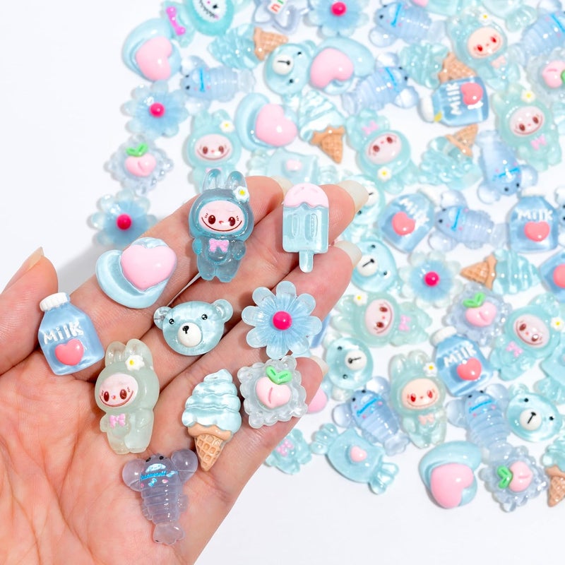 Decoden Charms 100PCS Mixed Kawaii Flatback Resin Charms for Crafts, Cabochon for DIY Projects, Slime Charm, Resin Art, Scrapbooking, Phone Case & Accessories (Blue) - Image 3